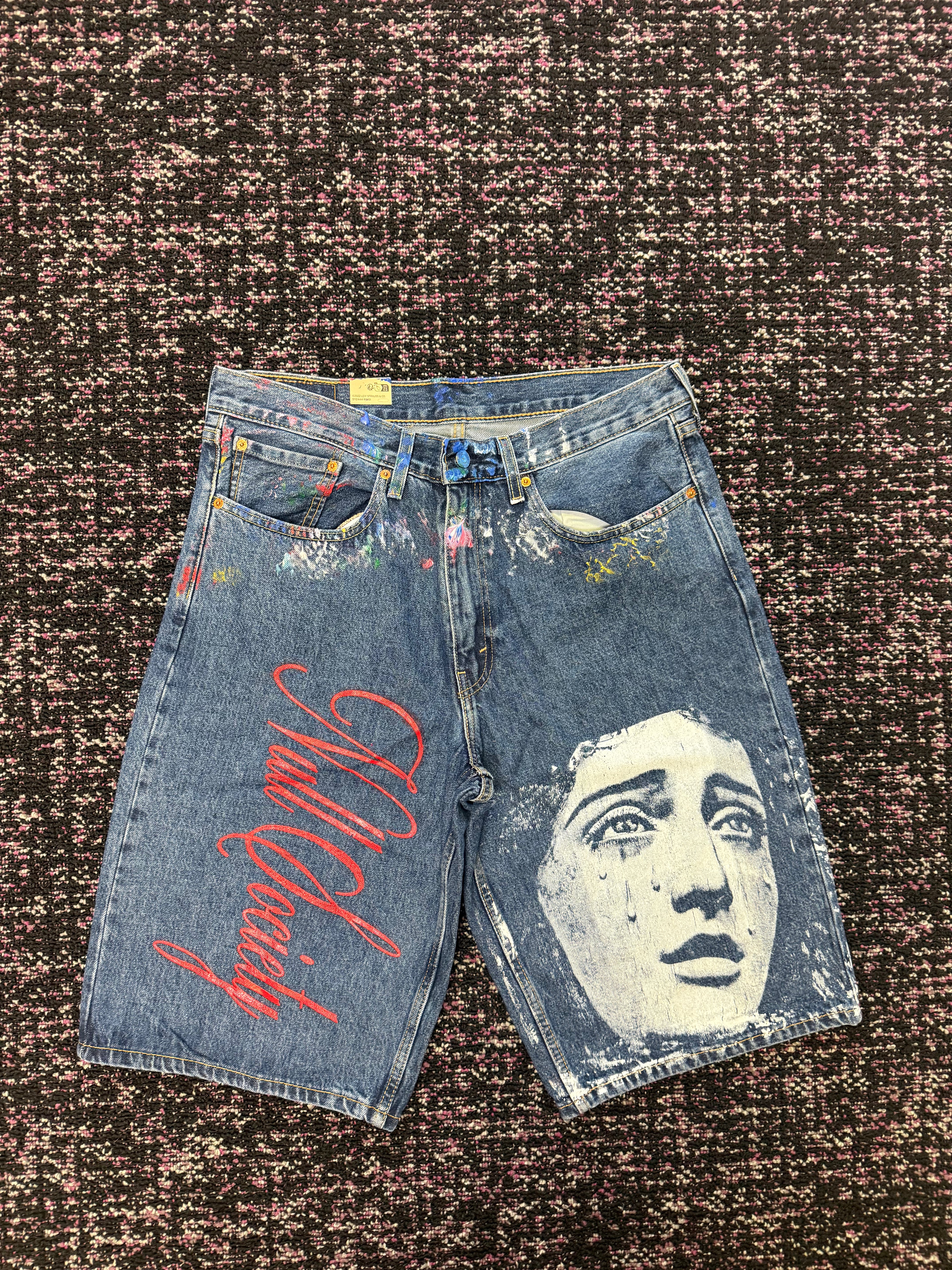 Null Society Virgin Mary Red Denim Shorts